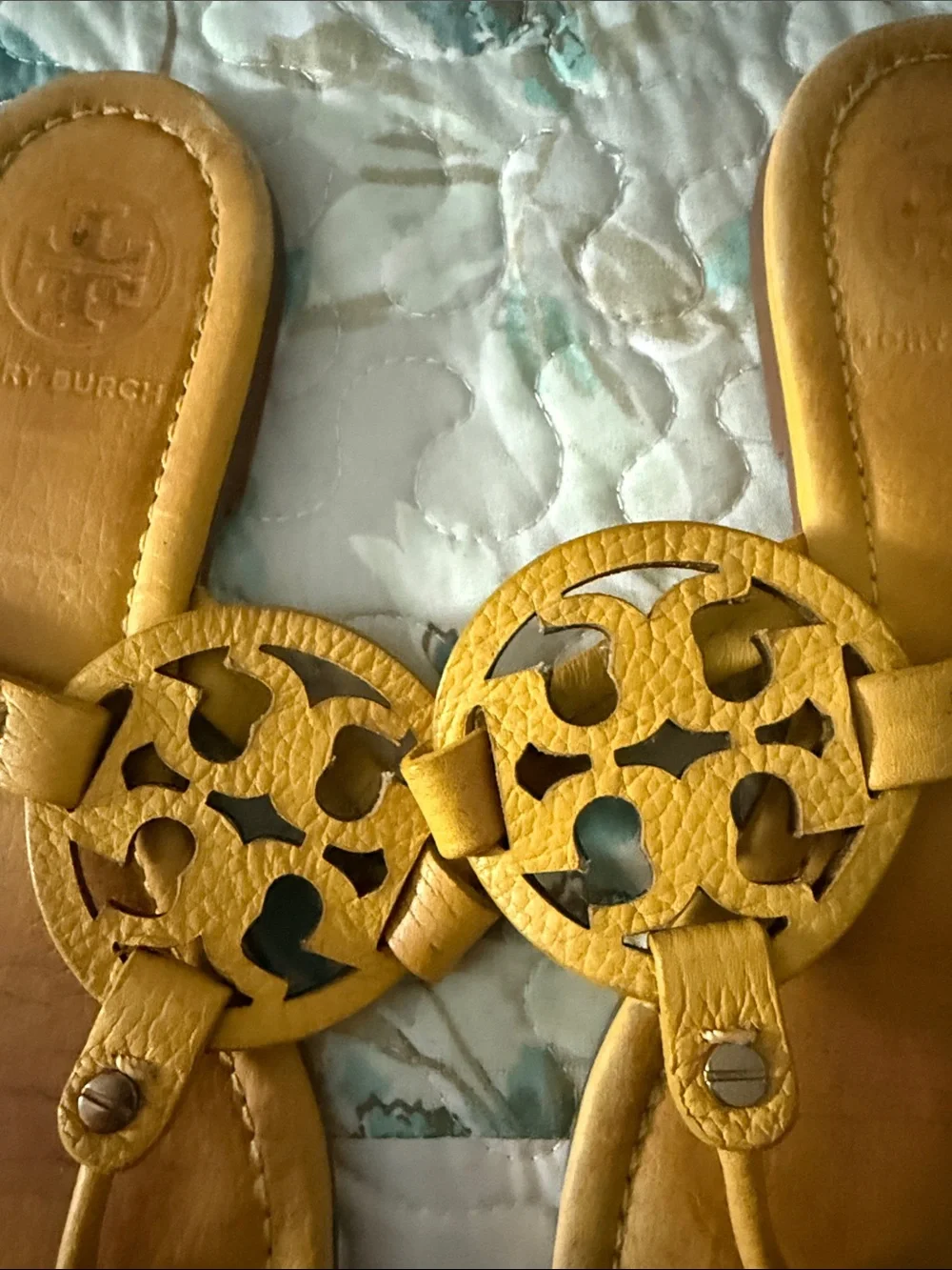 Tory Burch Mustard Yellow Miller Logo Leather Thong Sandals